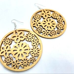 Wood Laser Cut Round Floral Motif Lightweight Dangle Earrings